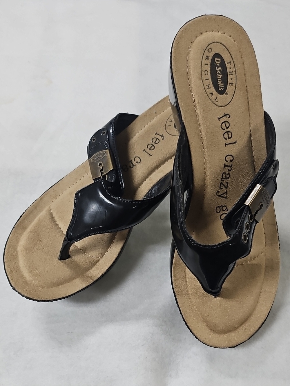 Dr. Scholl's Black Patent Thong Sandals with Buckle Detail
